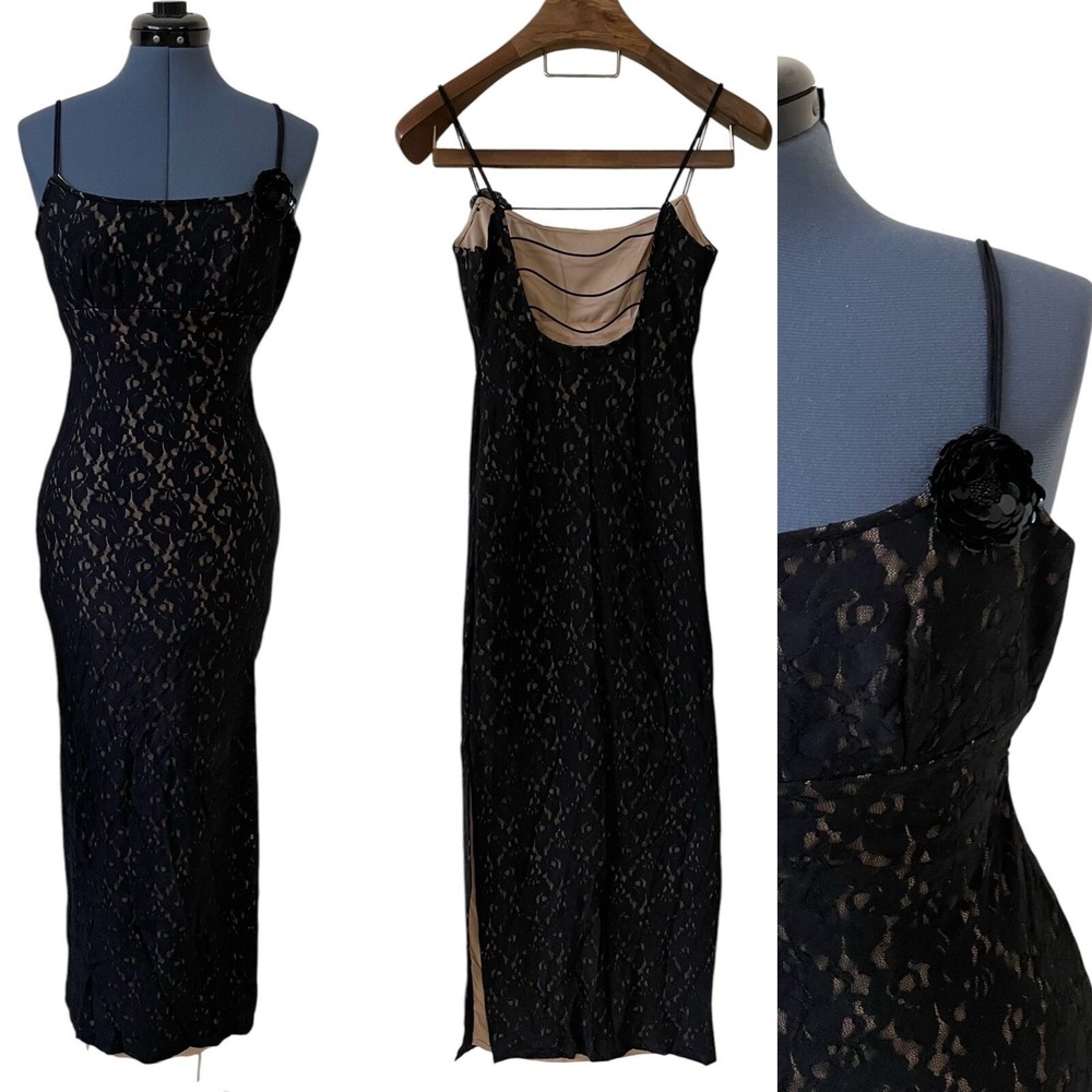 NWT Vtg Betsy & Adam Black Tan Lace Strappy Back Maxi Dress Y2K Glam Goth USA 8